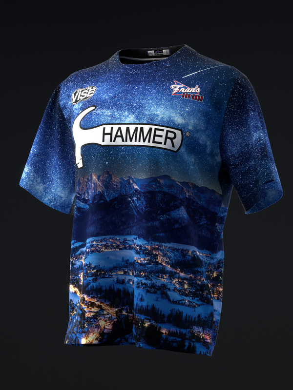 Blue bowling jersey with snowy mountain landscape and Hammer logo graphic