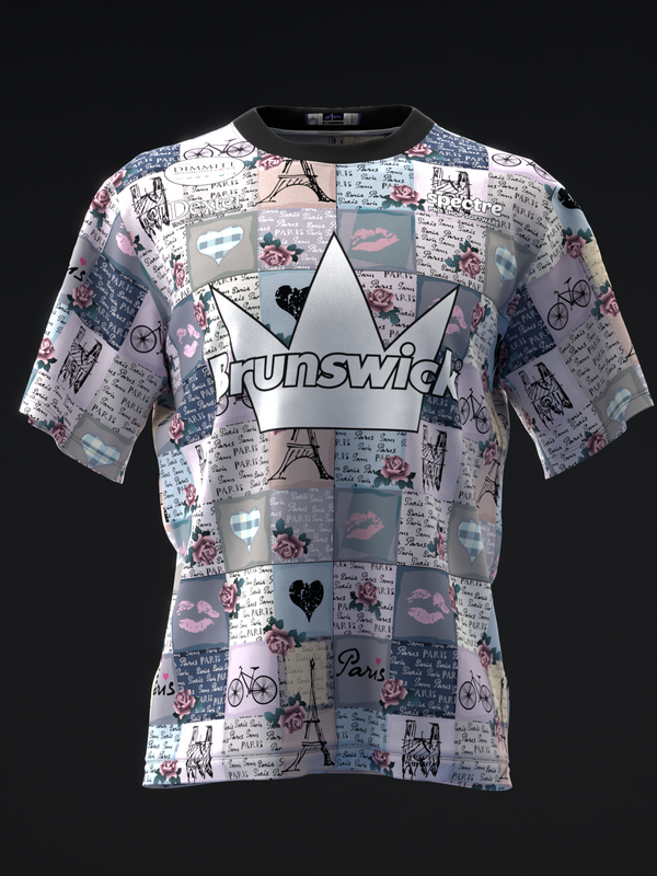 Front view of white bowling jersey with scrapbook-style Paris collage pattern and Brunswick logo.