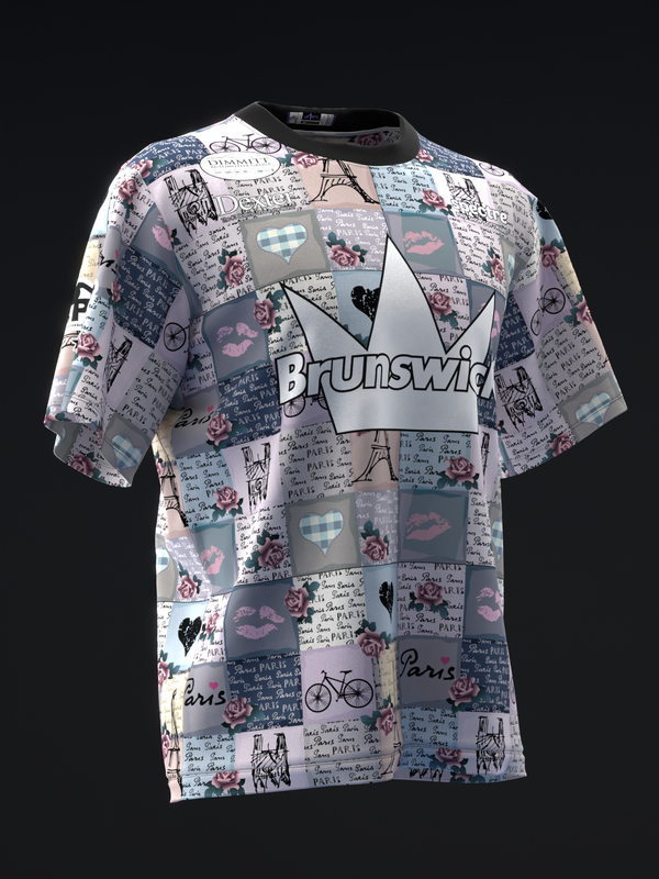 Brunswick bowling jersey with patchwork Paris-themed design in pastels and navy