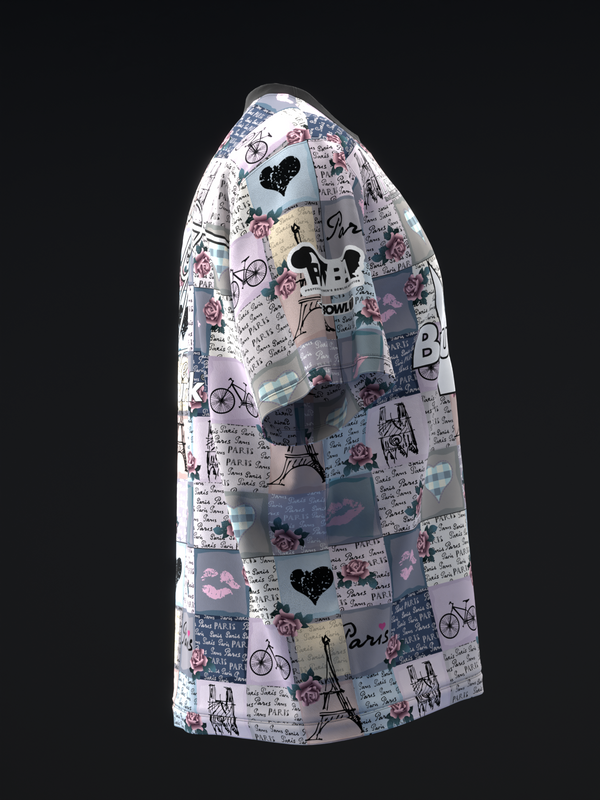 White bowling jersey with Paris-themed scrapbook pattern and rose accents, side view