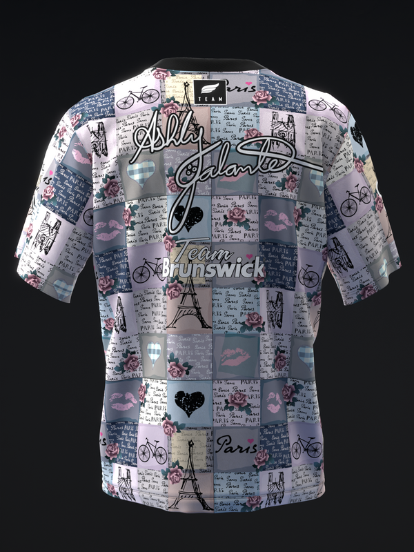 White bowling jersey with Paris-themed patchwork pattern and script graphics, back view