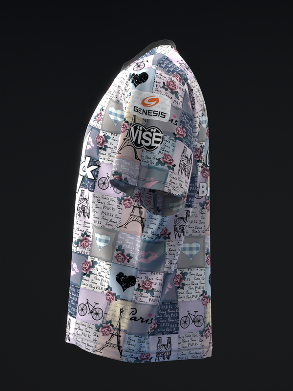 Bowling jersey with patchwork Paris-themed design featuring florals, bicycles, and handwritten text