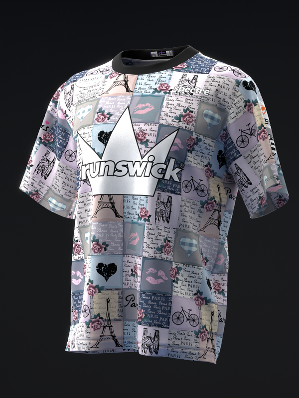 Brunswick bowling jersey with patchwork Paris-themed scrapbook print, front view