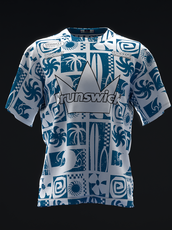 White bowling jersey with teal tribal and geometric print pattern throughout