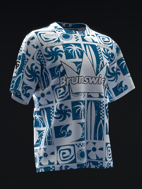 White bowling jersey with teal tribal pattern and Brunswick logo front view