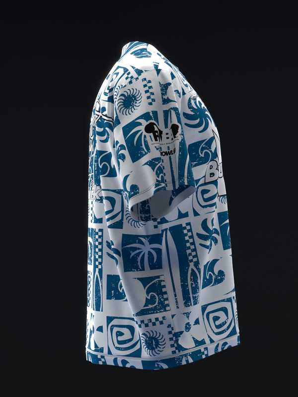 White bowling jersey with blue tribal and geometric pattern design, side view