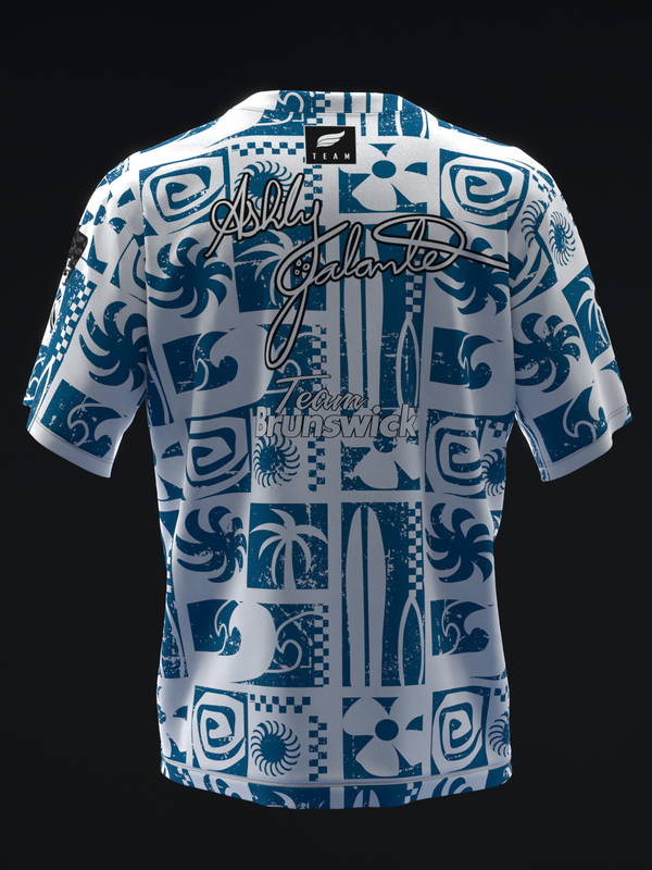Blue and white bowling jersey with tribal and geometric patchwork pattern, back view