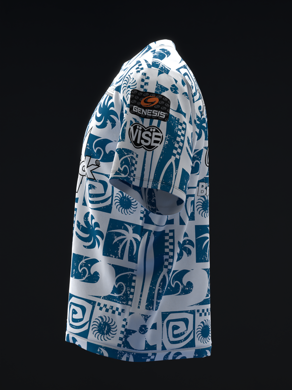 White bowling jersey with blue tribal and geometric pattern design, side view