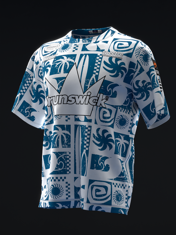 White bowling jersey with blue tribal pattern and Brunswick branding, front view