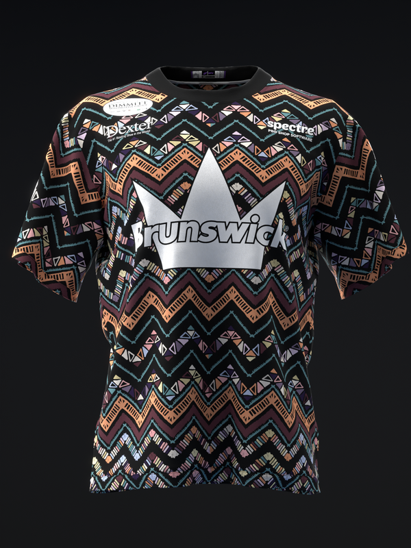 Black bowling jersey with geometric zigzag pattern in orange, cream, and teal, front view