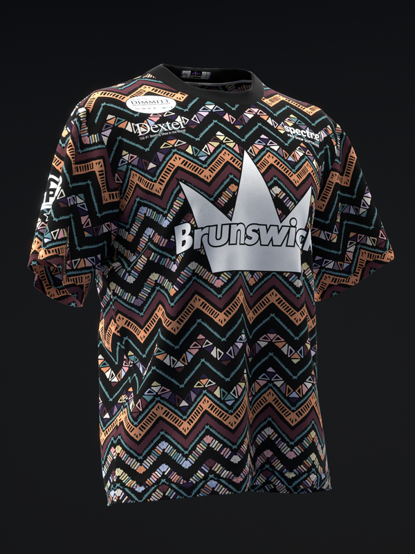 Black bowling jersey with orange and teal zigzag pattern and Brunswick logo