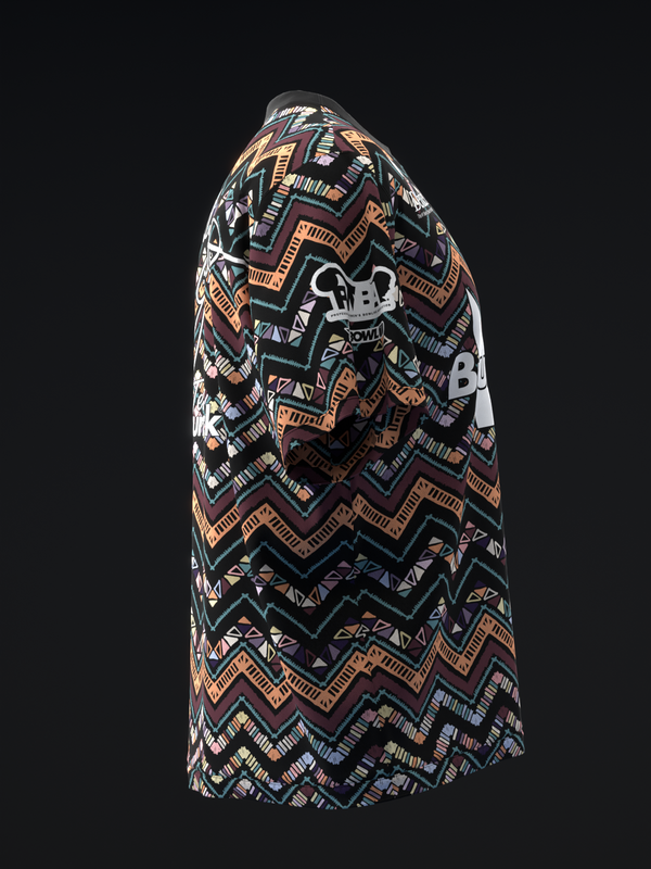Black bowling jersey with multicolored zigzag geometric pattern, side view