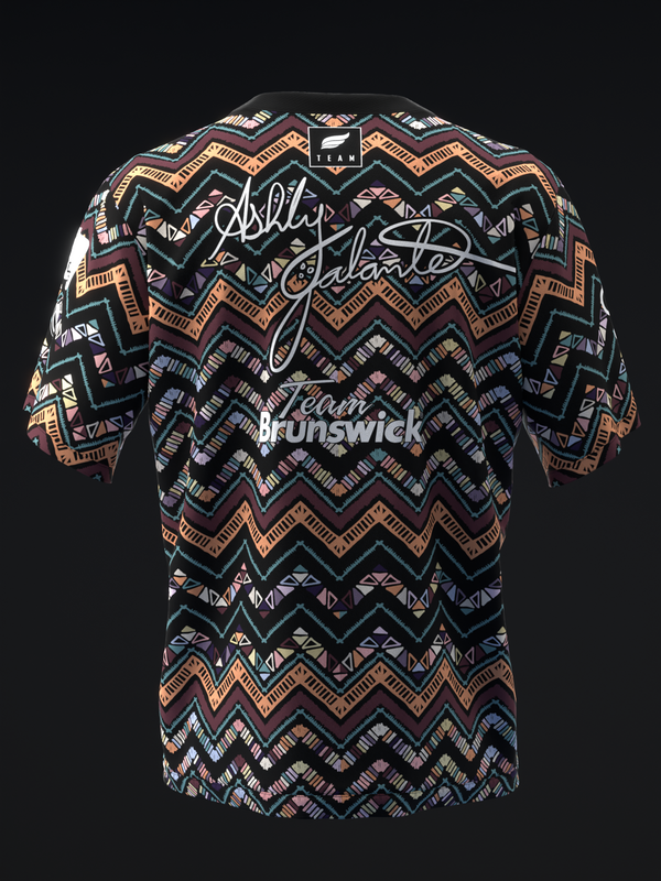 Black bowling jersey with orange and gold zigzag pattern and white script text