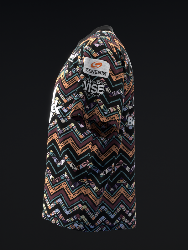 Black bowling jersey with orange and teal geometric zigzag pattern, side view