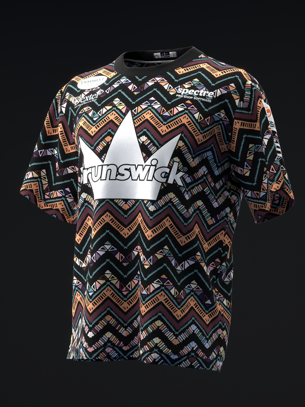 Black bowling jersey with geometric zigzag pattern in orange and white, front view