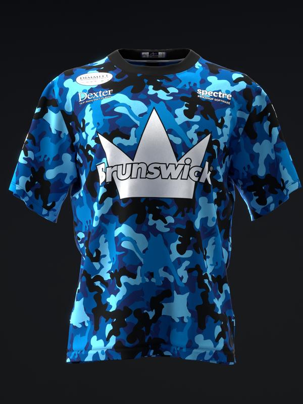 Blue camouflage bowling jersey with white crown and Brunswick logo, front view
