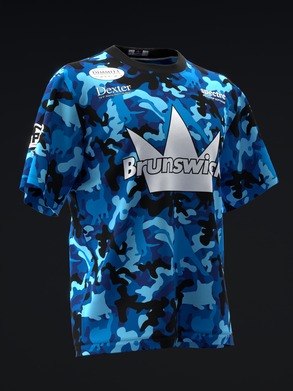 Blue camouflage bowling jersey with Brunswick logo and sponsor patches