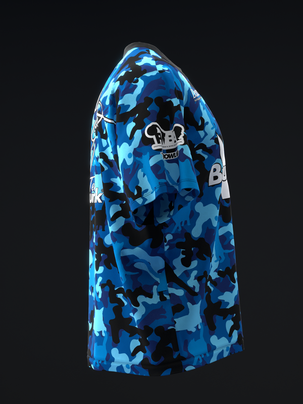 Blue camouflage bowling jersey with cat graphic and white side panel
