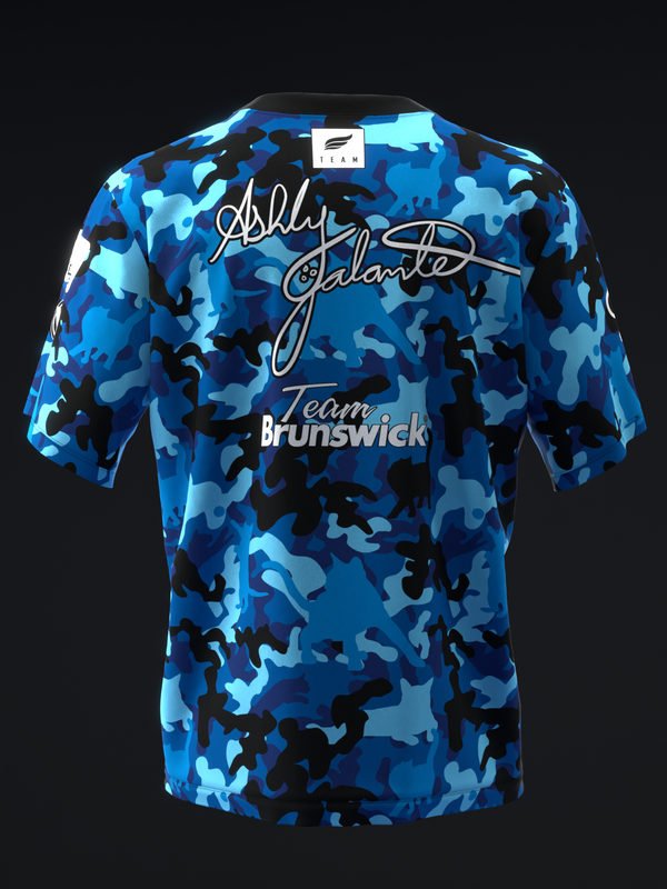 Blue camouflage bowling jersey with signature and Team Brunswick text