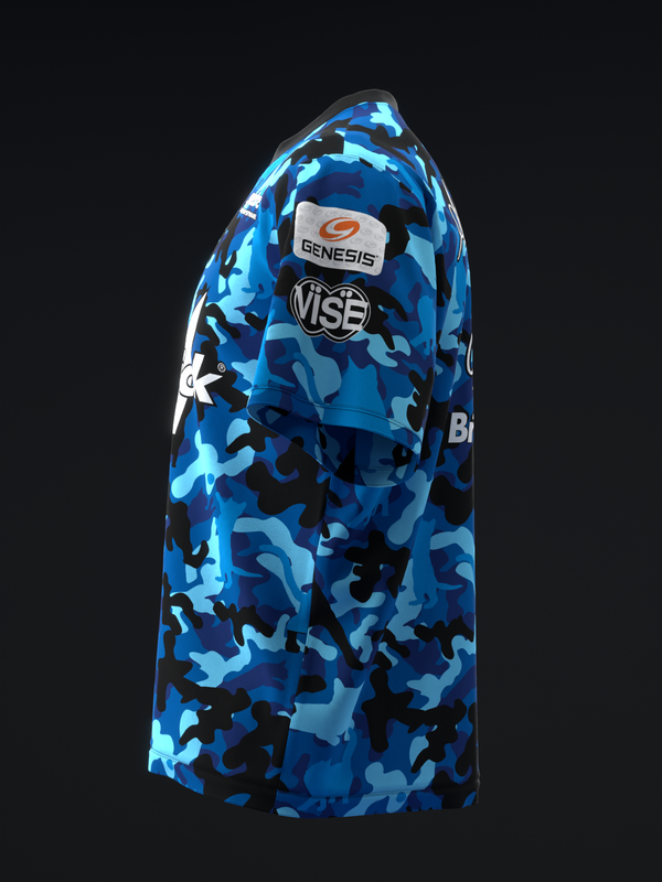 Blue camouflage bowling jersey with Genesis and Vibe logos, side view