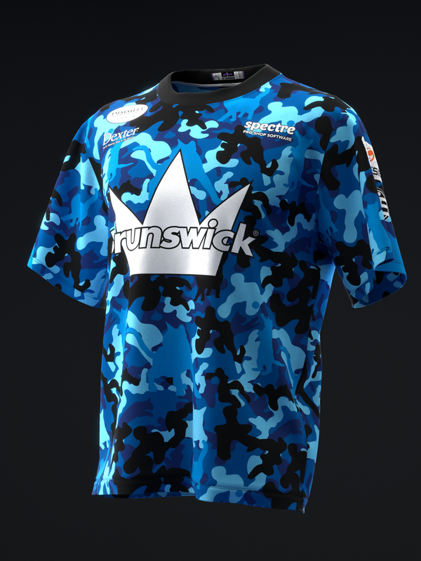 Blue camouflage bowling jersey with white crown and Brunswck logo front view