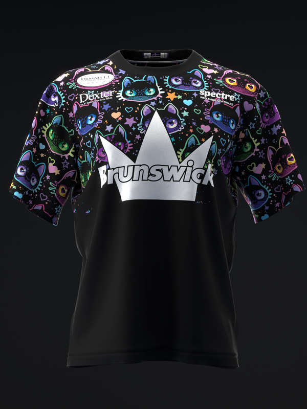 Black bowling jersey with colorful neon cat print shoulders and white Brunswick logo front view