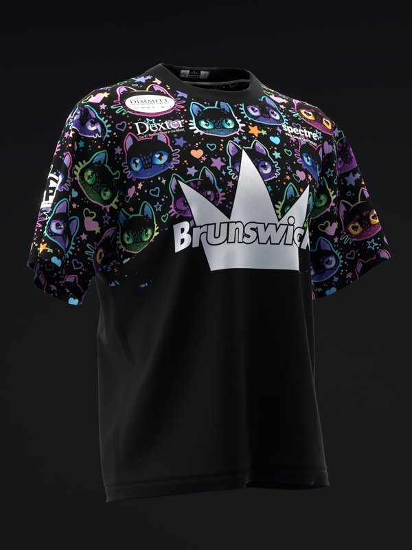 Black bowling jersey with colorful cat faces and white Brunswick logo on front