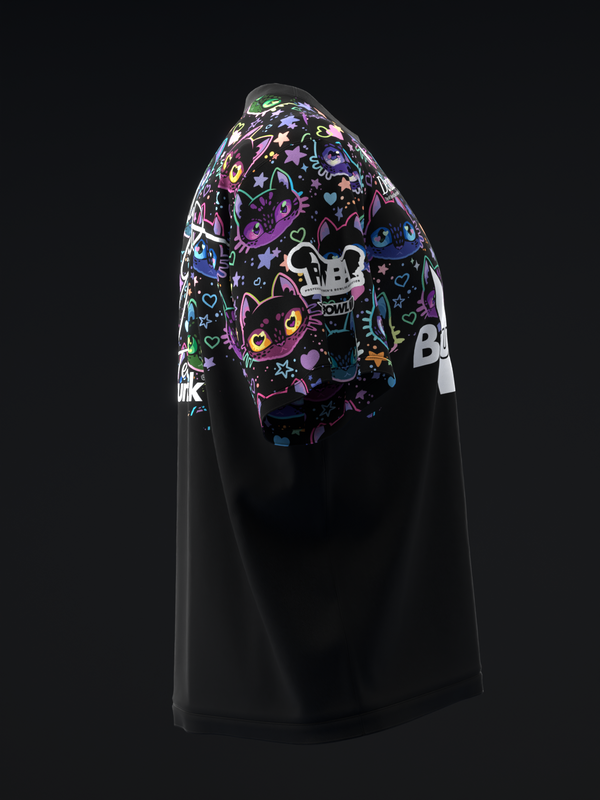 Black bowling jersey with colorful cat and neon graphic design, back view