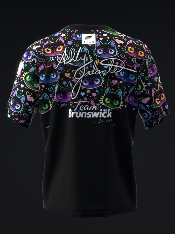 Black bowling jersey with colorful cat faces and script design on shoulders