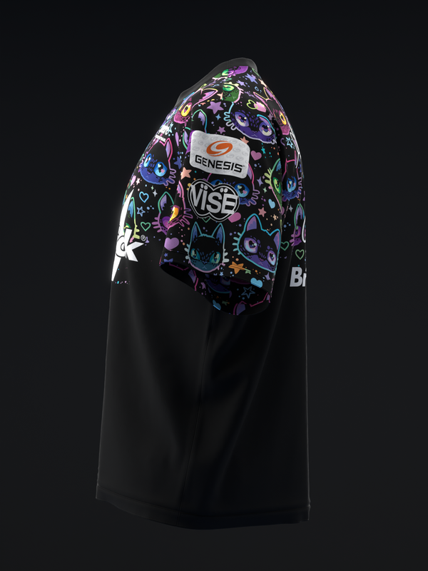 Black bowling jersey with colorful cat and geometric print panel on front shoulder area