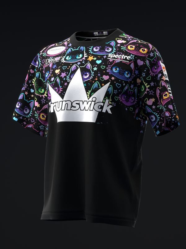 Black Brunswick bowling jersey with colorful cat print yoke and white crown logo
