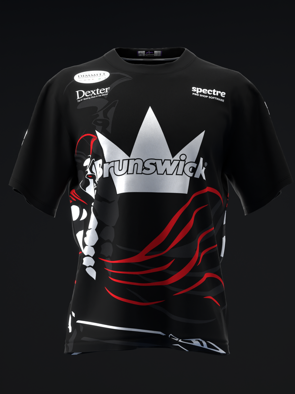 Black bowling jersey with white crown, red curved lines, and Brunswick branding, front view