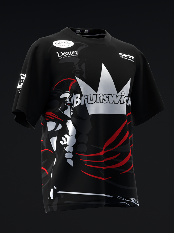 Black bowling jersey with white Brunswick logo and red, white Spartan graphic design