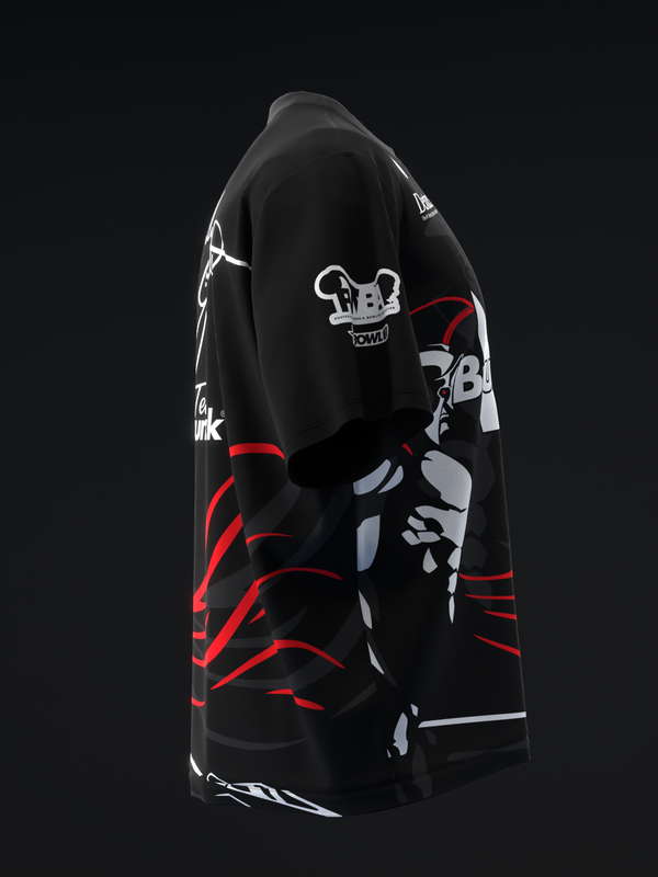 Black bowling jersey with red striped design and graphic artwork, side view
