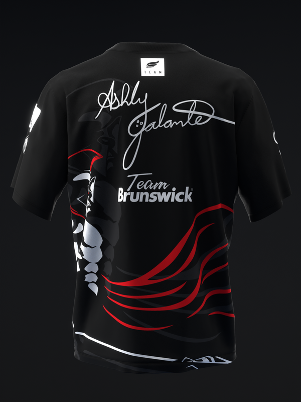Black bowling jersey with red curved stripes and Team Brunswick text, back view