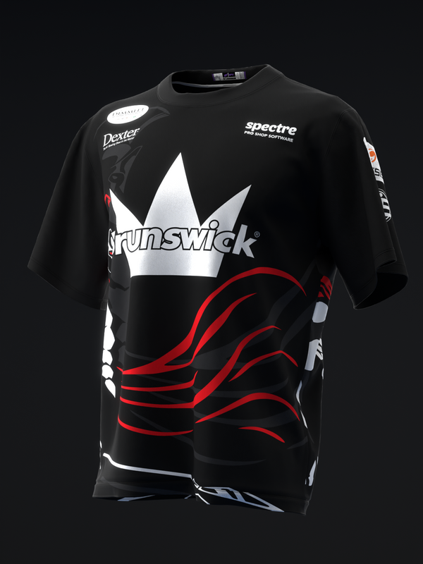Black bowling jersey with white Brunswick crown logo and red curved lines design