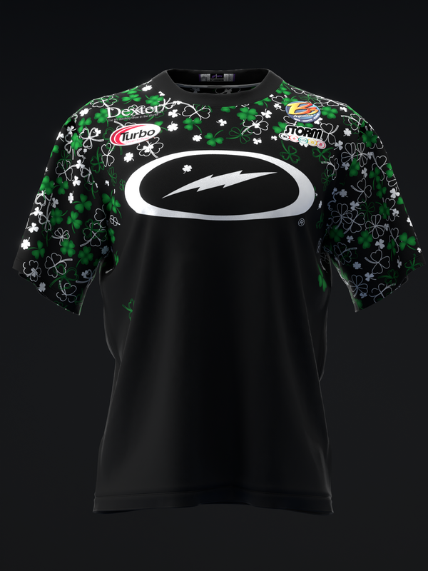 Black bowling jersey with green and white patterned sleeves, front view