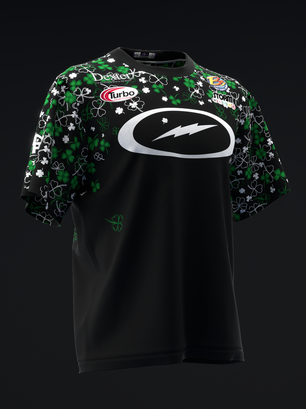 Black bowling jersey with green and white floral clover pattern on sleeves and logos