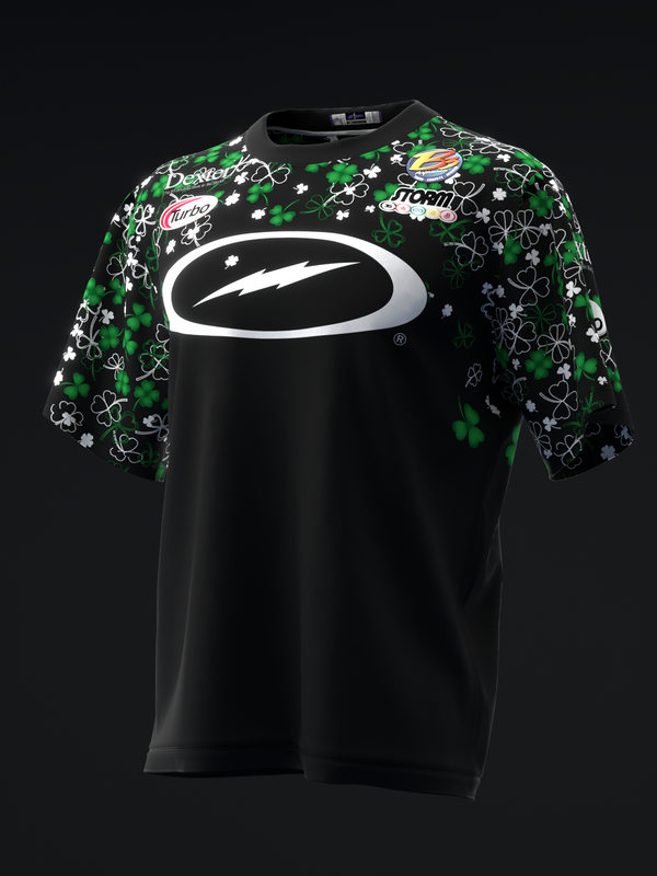 Black bowling jersey with white oval logo and green patterned sleeves