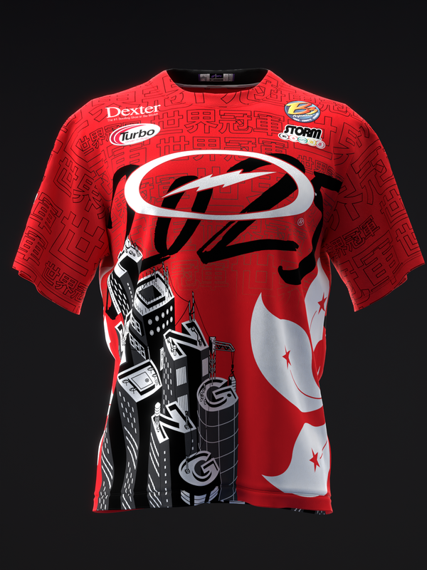 Red bowling jersey with white curved logo and black geometric bowling pin graphic on front