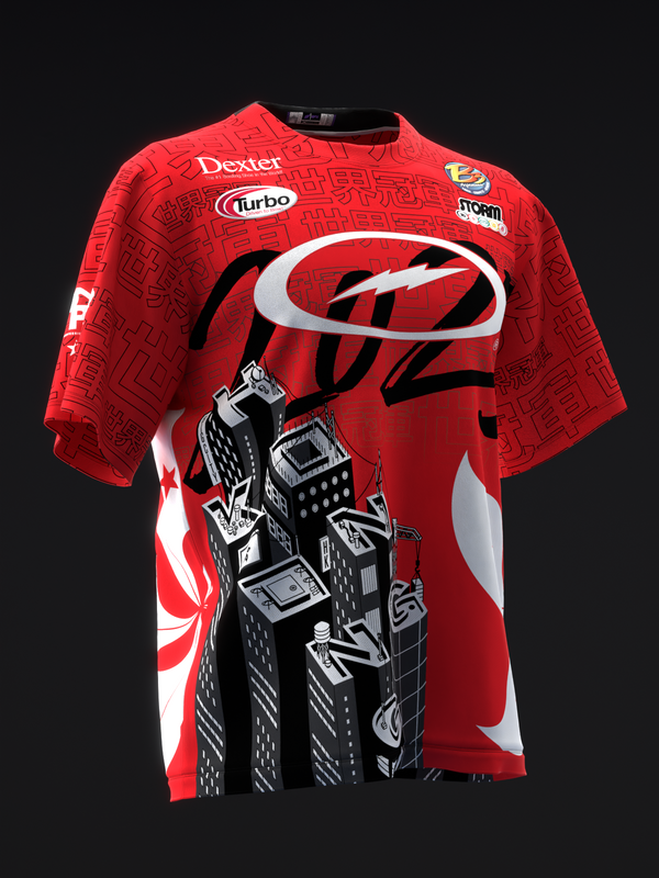 Red bowling jersey with black and white graphic design and sponsor logos