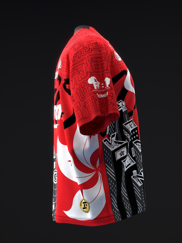 Red bowling jersey with white curved design and black graphic sleeve detail, three-quarter view