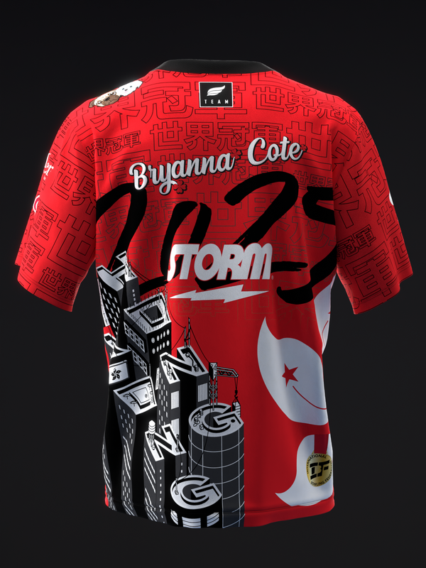 Red bowling jersey with Asian characters, large black graphics, and building illustration