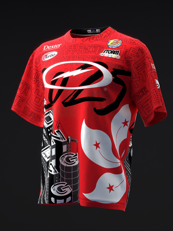 Red bowling jersey with white oval logo, black graphics, and sponsor patches on front view