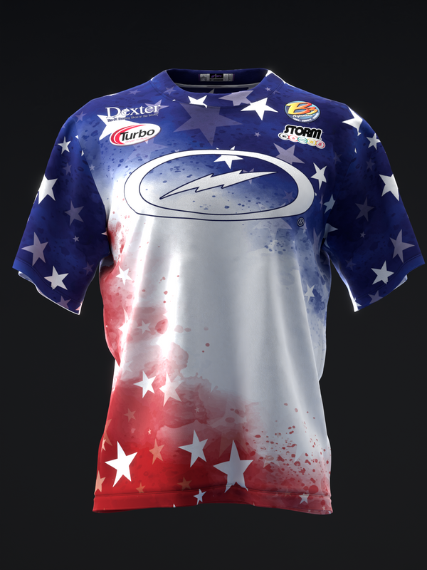 Front view bowling jersey with red, white, and blue star pattern design
