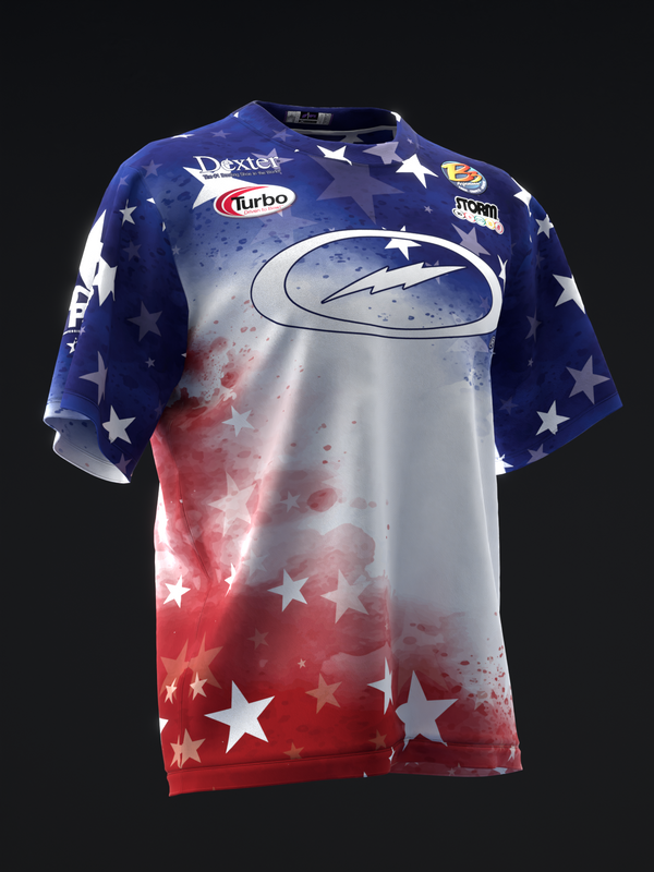 Blue, white, and red bowling jersey with stars and curved graphic design, front view