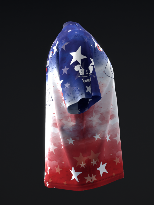 Bowling jersey in red, white, and blue with scattered stars throughout, front view