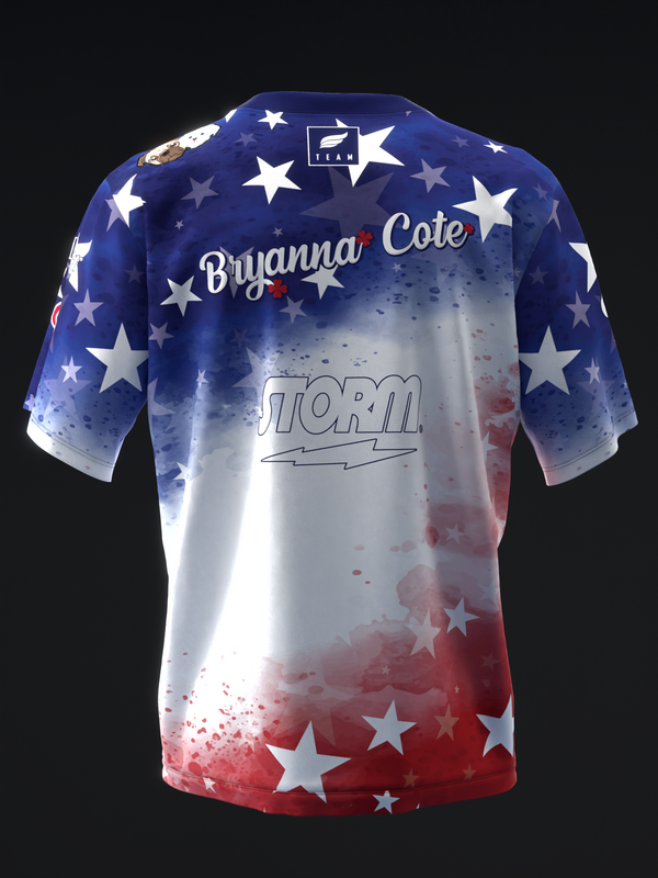 Back view of bowling jersey with red, white, and blue star pattern and gradient fade