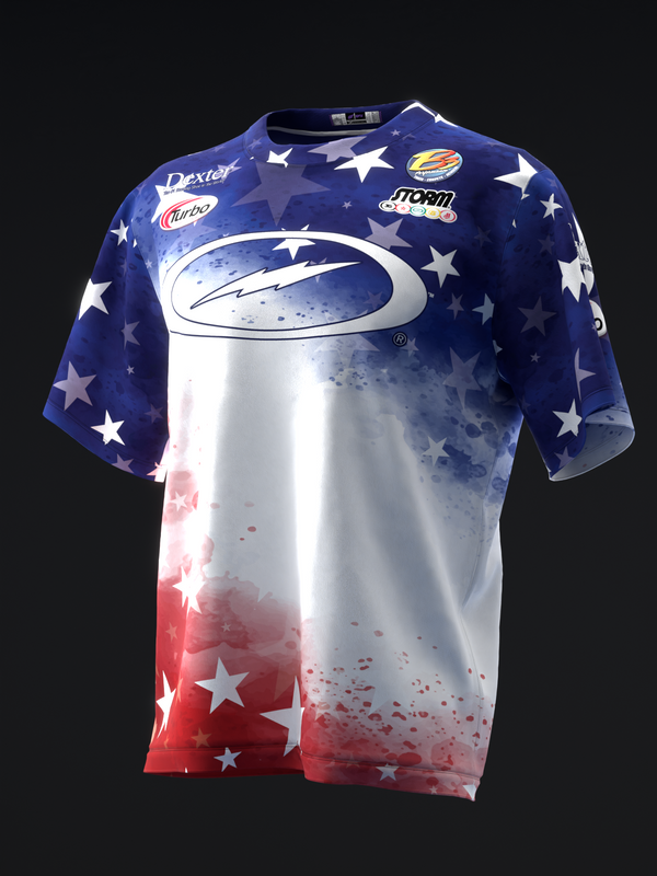 Blue and red bowling jersey with white stars and gradient design, front view
