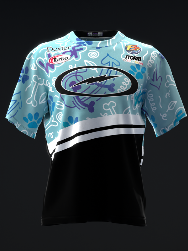 Light blue bowling jersey with paw prints, logos, and black lower panel front view